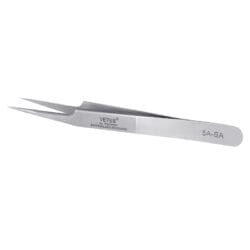 VETUS 5A-SA stainless steel precision tweezers with fine angled tips for isolating and applying individual eyelash extensions.