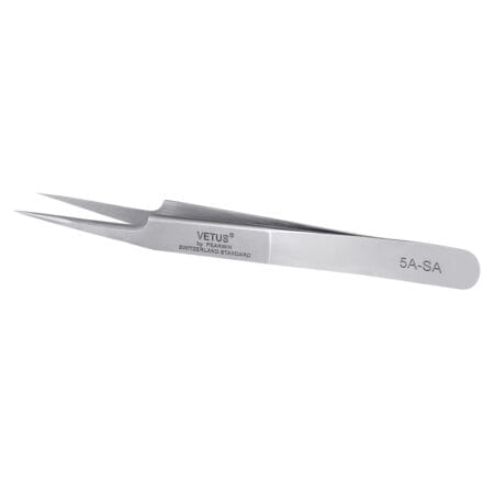 VETUS 5A-SA stainless steel precision tweezers with fine angled tips for isolating and applying individual eyelash extensions.