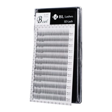 BL Lashes 5D pre-made volume lash extensions in B curl, 0.07 mm thickness and 11 mm length, arranged in rows inside a clear case.