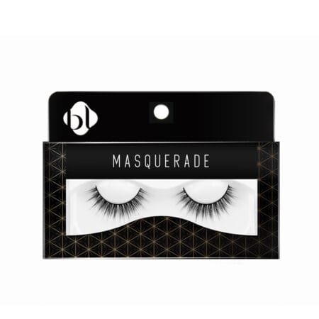 AW-MR-3D-025_Product BL Lashes Masquerade 3D strip false eyelashes with a soft, wispy layered design, displayed in black and gold retail packaging.
