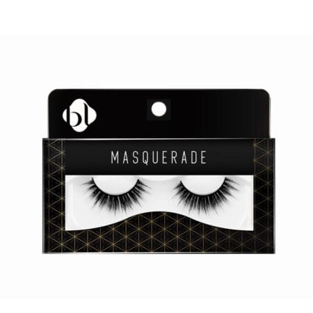 AW-MR-4D-035_Product BL Lashes Masquerade 4D strip false eyelashes with a full, wispy layered design, displayed in black and gold retail packaging.