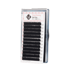 BL_Easy Fanning_Doll like_highres_ (1) BL Lashes Easy Fanning Doll-like eyelash extensions in C curl, 0.07 mm thickness and 11 mm length, arranged in rows inside a clear lash case.
