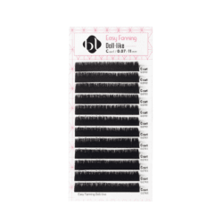 BL Lashes Easy Fanning Doll-like eyelash extensions in C curl, 0.07 mm thickness and 11 mm length, arranged in multiple rows on a lash tray.