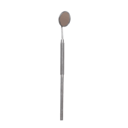 BL_Extension_Mirror_highres Stainless steel eyelash extension mirror with a round reflective head and textured non-slip handle on a white background.