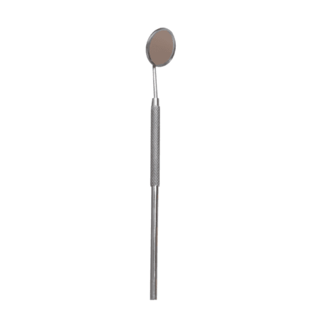 Stainless steel eyelash extension mirror with a round reflective head and textured non-slip handle on a white background.
