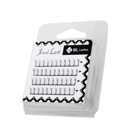 BL Lashes Jewel Lash eyelash extensions decorated with small clear rhinestones, arranged in four rows inside clear retail packaging.