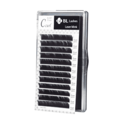 BL_Laserlash_Mink_C_Curl_highres_1 (1) BL Lashes Laser Mink eyelash extensions in C curl, 0.07 mm thickness and 11 mm length, arranged in rows inside a clear lash case.