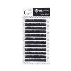 BL_Laserlash_Mink_C_Curl_highres_2.png BL Lashes Laser Mink eyelash extensions in C curl, 0.07 mm thickness and 11 mm length, arranged in multiple rows on a lash tray.