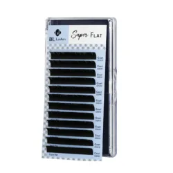 BL Lashes Super Flat eyelash extensions in C curl, 0.15 mm thickness and 10 mm length, arranged in rows inside a clear lash case.