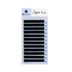 BL Lashes Super Flat eyelash extensions in C curl, 0.15 mm thickness and 10 mm length, arranged in multiple rows on a lash tray.
