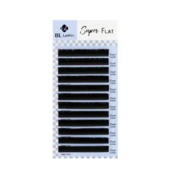 BL Lashes Super Flat eyelash extensions in C curl, 0.15 mm thickness and 10 mm length, arranged in multiple rows on a lash tray.