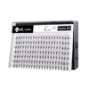 BL_Volume_10D_highres_ (1) Transparent half-moon lash holder with a curved surface and protective cover, displaying a strip of eyelash extensions.
