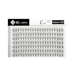BL Lashes Volume 10D pre-made eyelash extensions in C curl, 0.05 mm thickness and 12 mm length, arranged in multiple rows on a lash tray.