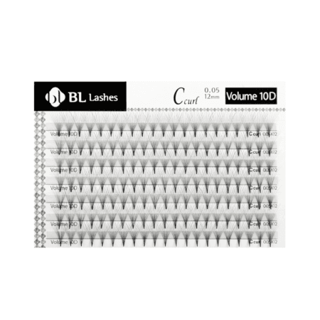 BL_Volume_10D_highres_ (2) BL Lashes Volume 10D pre-made eyelash extensions in C curl, 0.05 mm thickness and 12 mm length, arranged in multiple rows on a lash tray.
