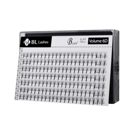 BL Lashes Volume 6D pre-made eyelash extensions in B curl, 0.07 mm thickness and 10 mm length, arranged in rows inside a clear lash case.