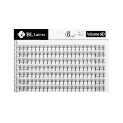 BL Lashes Volume 6D pre-made eyelash extensions in B curl, 0.07 mm thickness and 10 mm length, arranged in multiple rows on a lash tray.