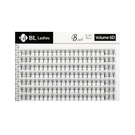 BL Lashes Volume 6D pre-made eyelash extensions in B curl, 0.07 mm thickness and 10 mm length, arranged in multiple rows on a lash tray.