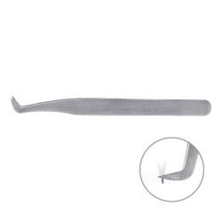 Stainless steel volume lash tweezer with a precision angled tip for creating and picking up eyelash extension fans.