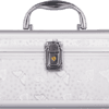 White butterfly-patterned beauty case with silver metal trim, a curved handle, and a central locking clasp.