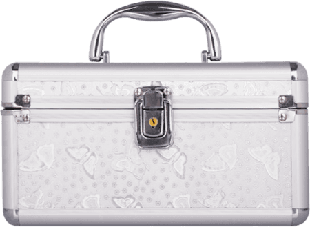 White butterfly-patterned beauty case with silver metal trim, a curved handle, and a central locking clasp.