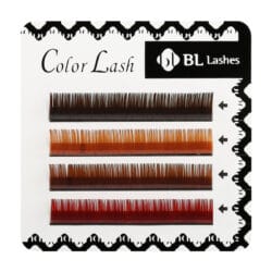 COLOR LASH-Brown MIX_1 BL Lashes Color Lash eyelash extensions in a mix of brown, caramel, auburn and red tones, arranged in four rows on a lash tray.