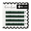 BL Lashes Color Lash green eyelash extensions, arranged in four rows on a professional lash tray.