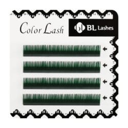BL Lashes Color Lash green eyelash extensions, arranged in four rows on a professional lash tray.