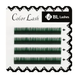 BL Lashes Color Lash green eyelash extensions, arranged in four rows on a professional lash tray.