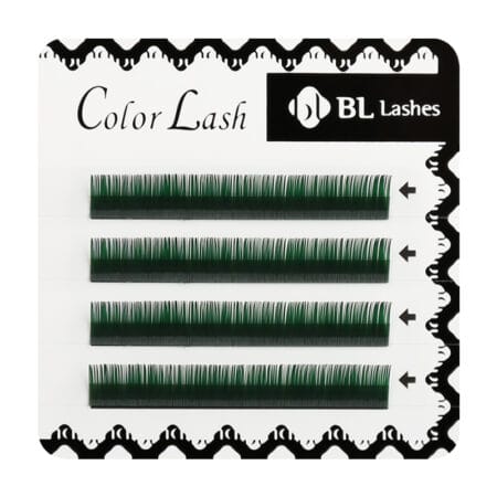 BL Lashes Color Lash green eyelash extensions, arranged in four rows on a professional lash tray.