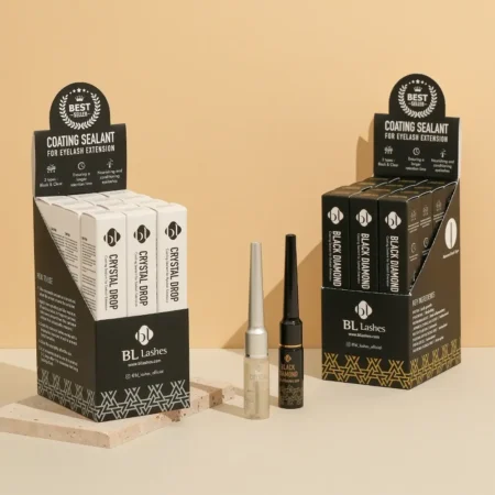 BL Lashes Crystal Drop and Black Diamond coating sealants for eyelash extensions displayed with their retail boxes on a beige background.