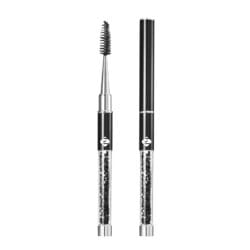 Black crystal-handled lash brush with black spoolie bristles, shown open and closed with a protective cap.