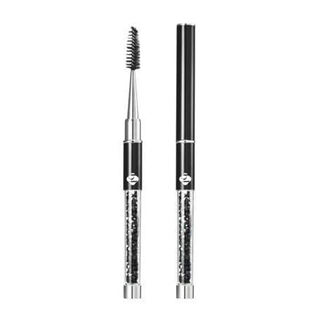 Crystal Brush_Black Black crystal-handled lash brush with black spoolie bristles, shown open and closed with a protective cap.