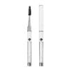 White crystal-handled lash brush with black spoolie bristles, shown open and closed with a protective cap.