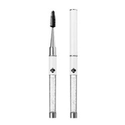 White crystal-handled lash brush with black spoolie bristles, shown open and closed with a protective cap.