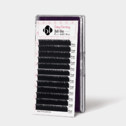 Easy Fanning Doll-Like Lash_grey (1) BL Lashes Easy Fanning Doll-like eyelash extensions in C curl, 0.07 mm thickness and 11 mm length, arranged in rows inside a clear lash case.