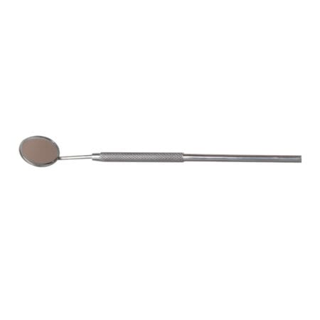 Stainless steel eyelash extension inspection mirror with a round mirror head and textured grip handle.