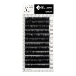 BL Lashes Flat Lash eyelash extensions in J curl, 0.15 mm thickness and 10 mm length, neatly arranged in multiple rows on a lash tray.