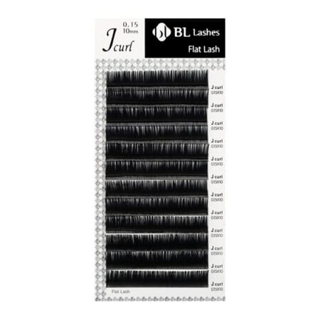 BL Lashes Flat Lash eyelash extensions in J curl, 0.15 mm thickness and 10 mm length, neatly arranged in multiple rows on a lash tray.
