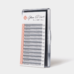 BL Lashes Glam 5D pre-made volume eyelash extensions in C curl, 0.07 mm thickness and 11 mm length, arranged in rows inside a clear lash case.