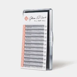 BL Lashes Glam 5D pre-made volume eyelash extensions in C curl, 0.07 mm thickness and 11 mm length, arranged in rows inside a clear lash case.