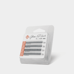BL Lashes Glam 5D pre-made volume eyelash extensions in D curl, 0.07 mm thickness and mixed lengths, arranged in four rows inside clear retail packaging.