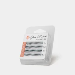 BL Lashes Glam 5D pre-made volume eyelash extensions in D curl, 0.07 mm thickness and mixed lengths, arranged in four rows inside clear retail packaging.