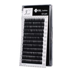 BL Lashes EZ Lash eyelash extensions in J curl, 0.15 mm thickness and 10 mm length, arranged in rows inside a clear lash case.