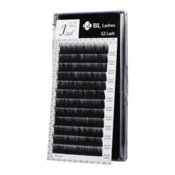 BL Lashes EZ Lash eyelash extensions in J curl, 0.15 mm thickness and 10 mm length, arranged in rows inside a clear lash case.