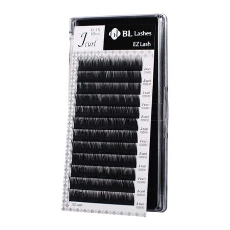 BL Lashes EZ Lash eyelash extensions in J curl, 0.15 mm thickness and 10 mm length, arranged in rows inside a clear lash case.