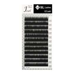 BL Lashes EZ Lash eyelash extensions in J curl, 0.15 mm thickness and 10 mm length, arranged in multiple rows on a lash tray.
