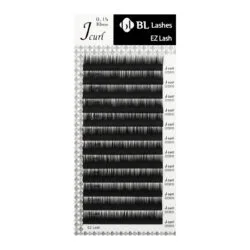 BL Lashes EZ Lash eyelash extensions in J curl, 0.15 mm thickness and 10 mm length, arranged in multiple rows on a lash tray.