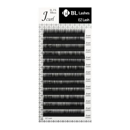 BL Lashes EZ Lash eyelash extensions in J curl, 0.15 mm thickness and 10 mm length, arranged in multiple rows on a lash tray.