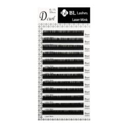 BL Lashes Laser Mink eyelash extensions in D curl, 0.15 mm thickness and 10 mm length, arranged in multiple rows on a lash tray.