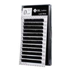 LASER MINK LASH-D Curl-Right(Case) BL Lashes Laser Mink eyelash extensions in D curl, 0.15 mm thickness and 10 mm length, arranged in rows inside a clear lash case.